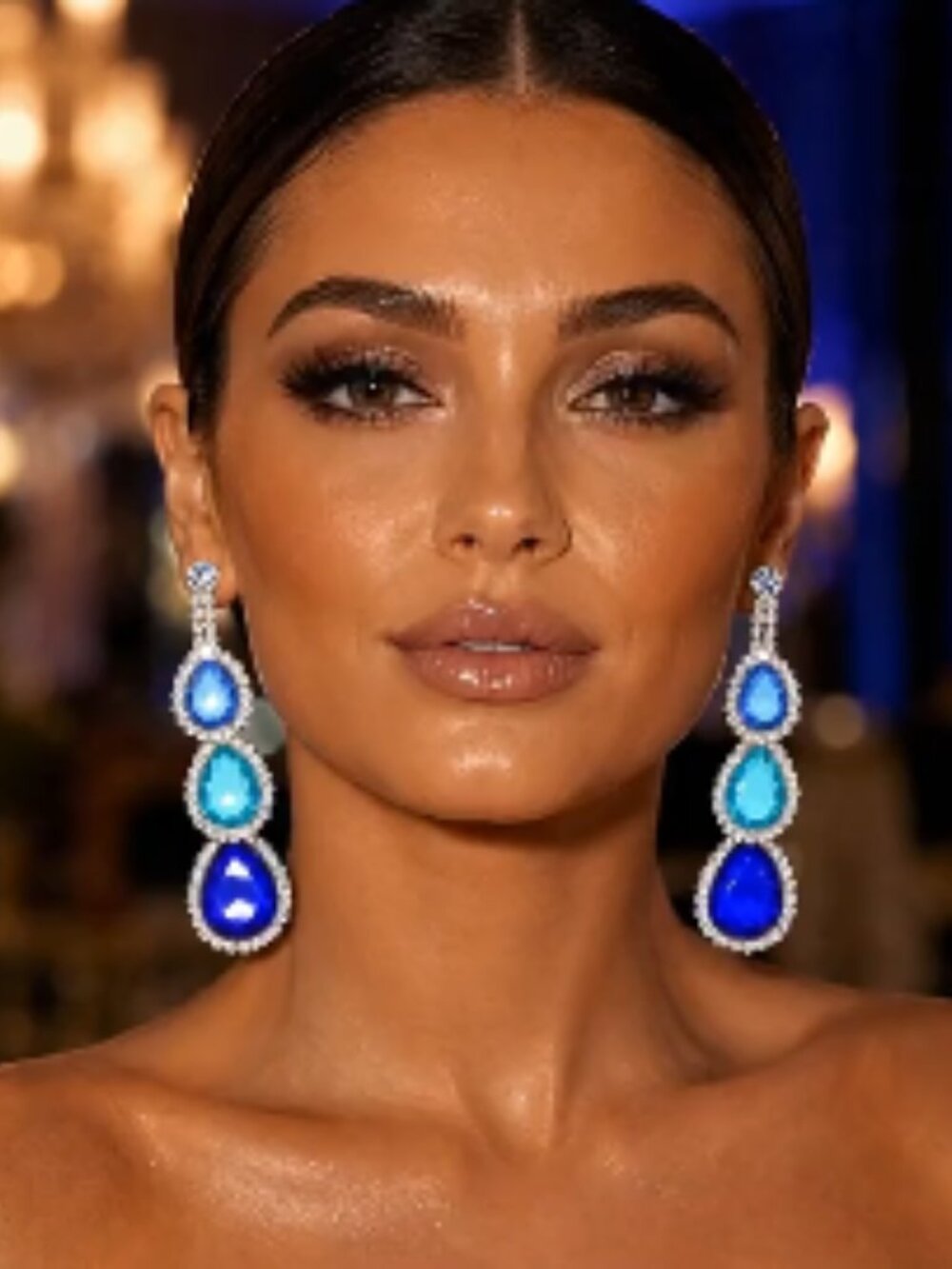 Blue Crystal Rhinestone Chandelier Statement Earrings